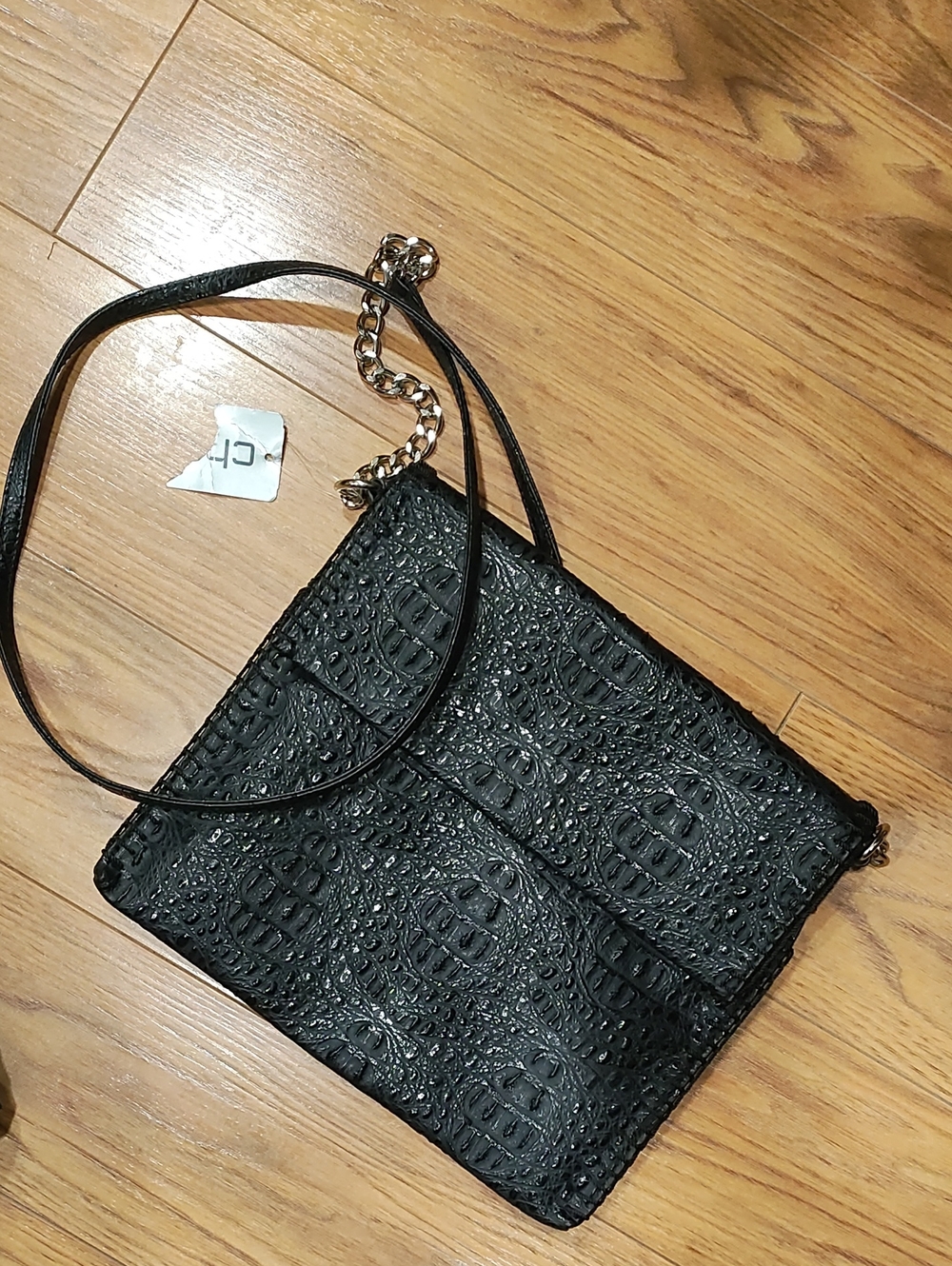 Chico's Black Croc-Embossed Crossbody with Chain Accent